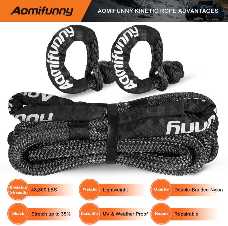 Aomifunny 1" x30ft Kinetic Recovery Tow Rope Kit, 48,800 lbs Break Strength, 35% Elasticity, with 2 Soft Shackles, Heavy Duty Tow Strap for Offroad Jeep, SUV, Truck, ATV, UTV, Tractor & 4x4 Vehicles - Image 5